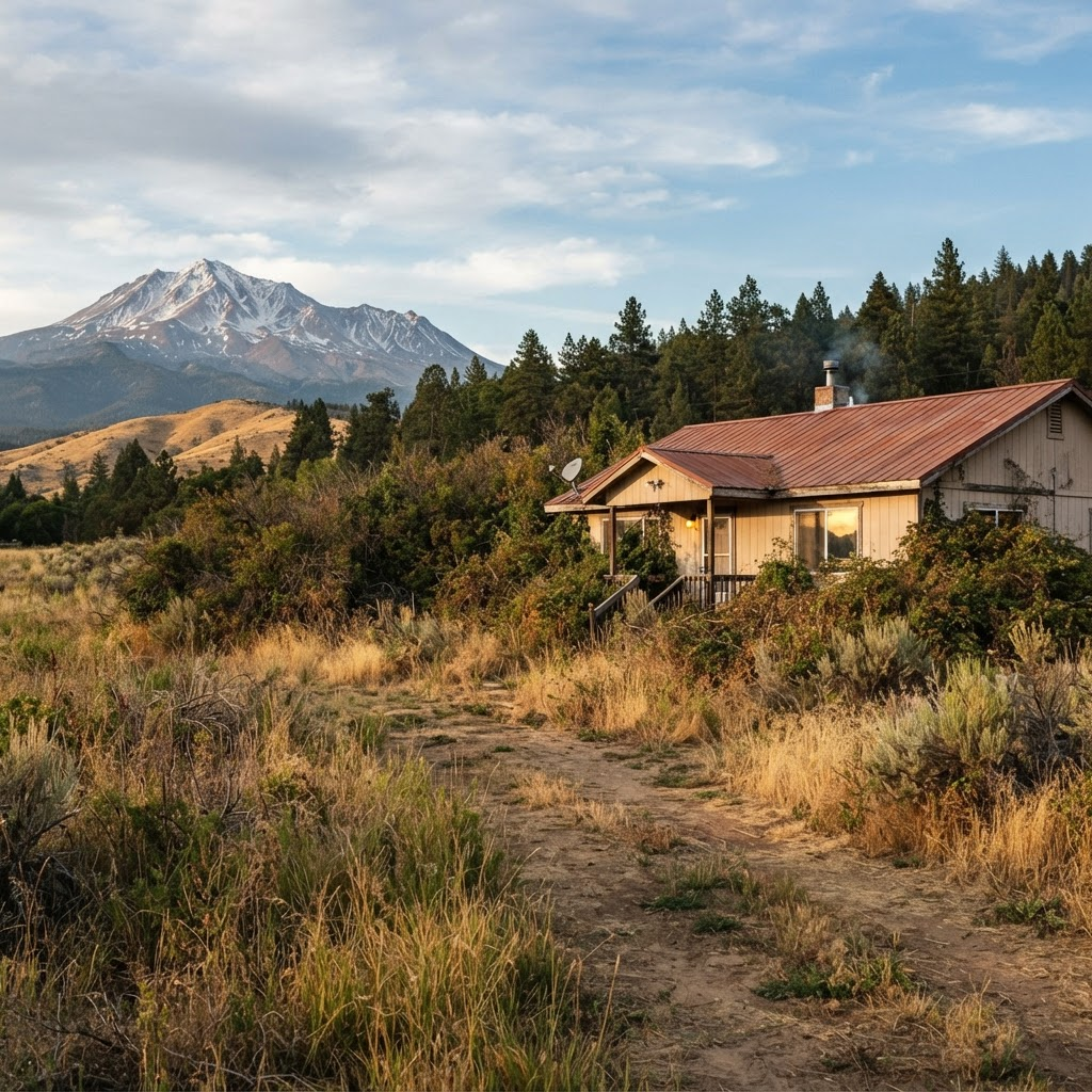 Dense overgrown brush and ladder fuels crowding a rural Northern California home before treatment.