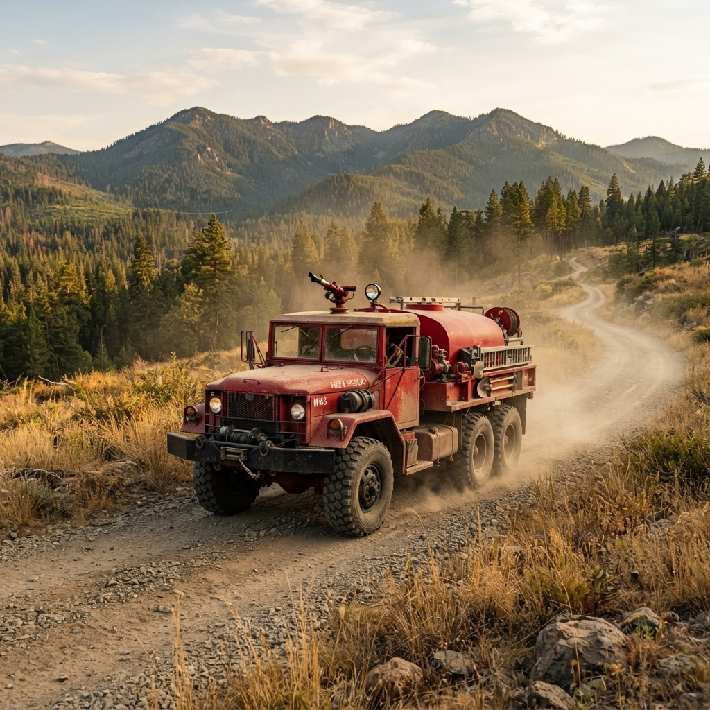 Rugged 6x6 wildland fire suppression truck on a dusty Northern California access road.