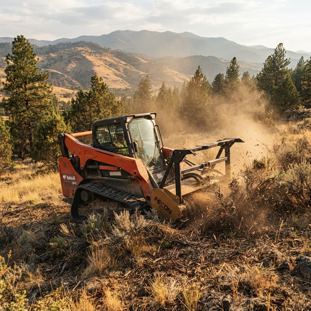Compact track loader with a forestry mulcher clearing dense brush in a dry Northern California pine landscape.