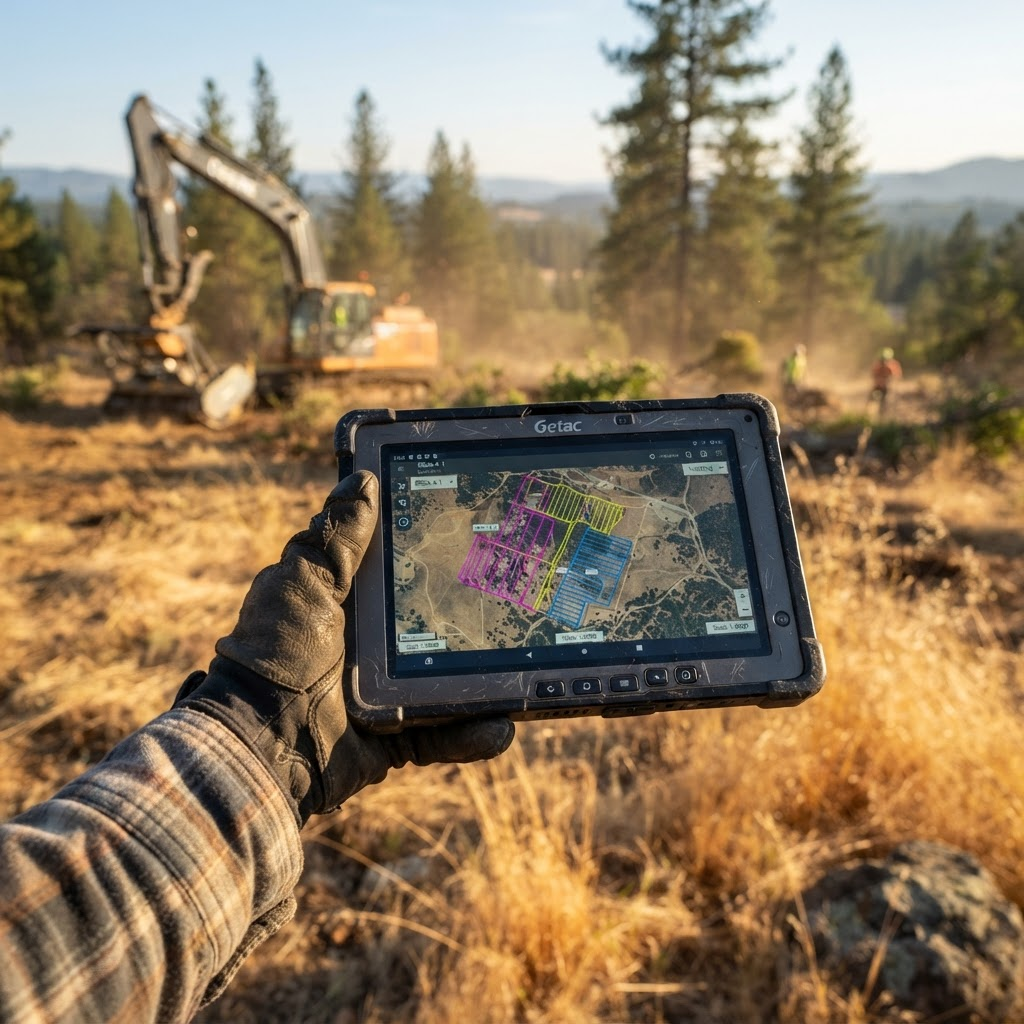 Gloved hand holding a rugged field tablet showing a GPS treatment map at a cleared work area.