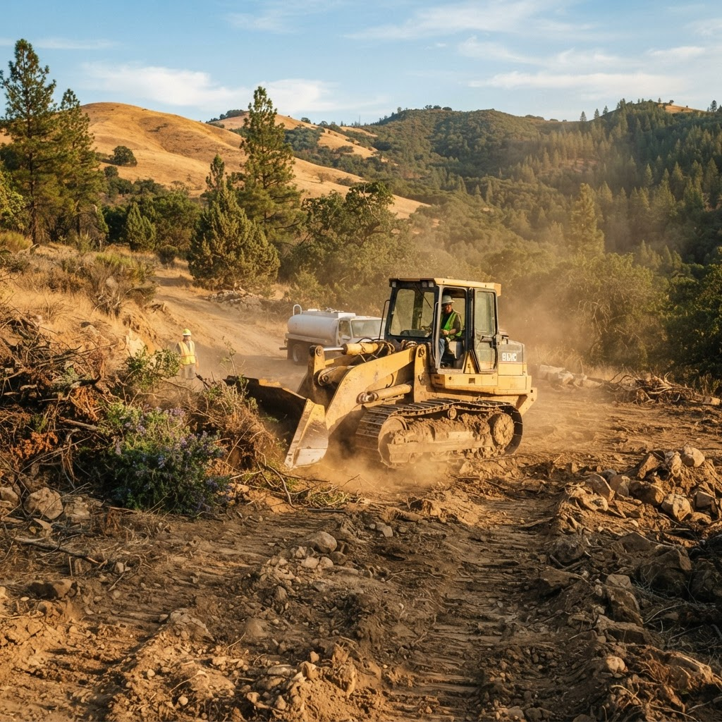 Track loader clearing brush to create an open building pad on a rural Northern California lot.