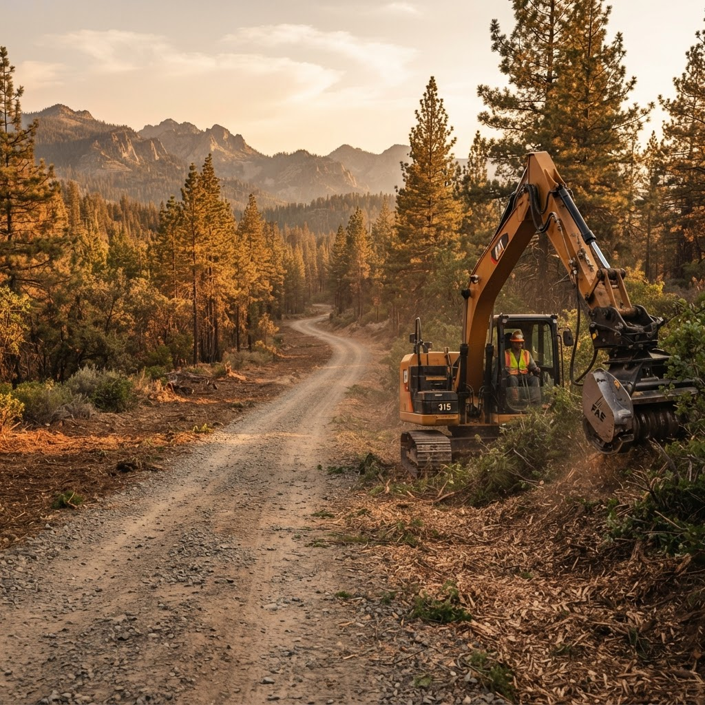 Roadside fuel break cleared along a rural gravel road in Northern California.
